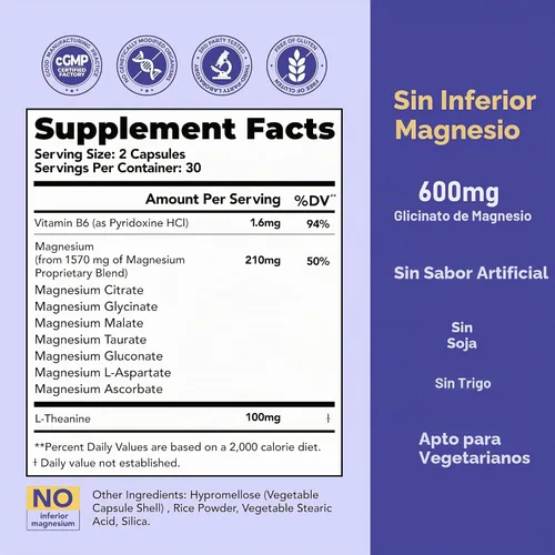 Vista 9 de Complejo de magnesio 7 para mujeres con 600 mg de glicinato, 60
