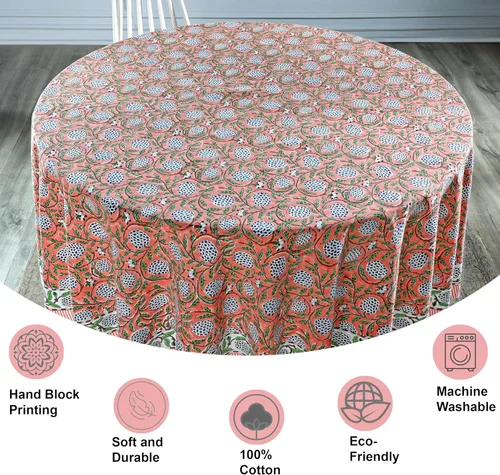 Vista 7 de Ridhi Mantel redondo con estampado de bloque a mano, 100% algodón, reutilizable, salmón oscuro, 90 pulgadas, mantel decorativo para uso diario