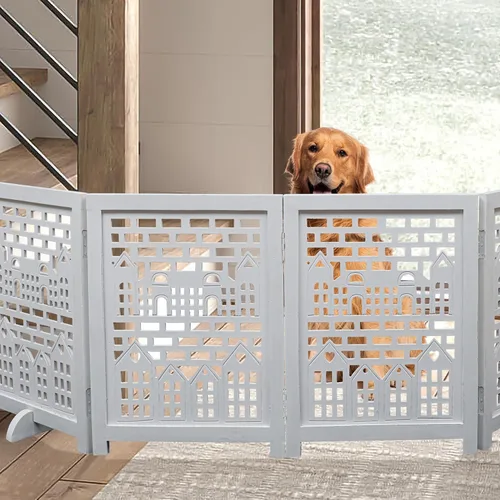 Vista 29 de Puerta independiente para mascotas para perros, puerta plegable de madera para perros para casa, puerta interior para perros para escaleras
