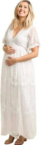 Vista 3 de Vestido largo de maternidad casual con cuello en V de manga corta floral con encaje acampanado y bohemio para la noche cóctel fiesta sesión de fotos