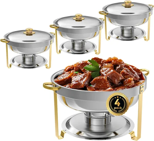 Vista 14 de IMACONE Juego de Bandejas Calentadoras de Buffet 4 Piezas, 5QT Redondas de Acero Inoxidable con Tapa de Vidrio para Catering, Conjuntos
