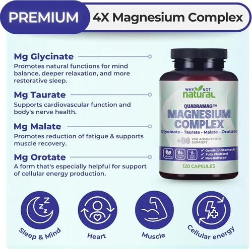Vista 2 de Suplemento Complejo de Magnesio 4 en 1 - Mezcla de glicinato, taurato, malato y orotato - 300 mg por porción, 120 cápsulas