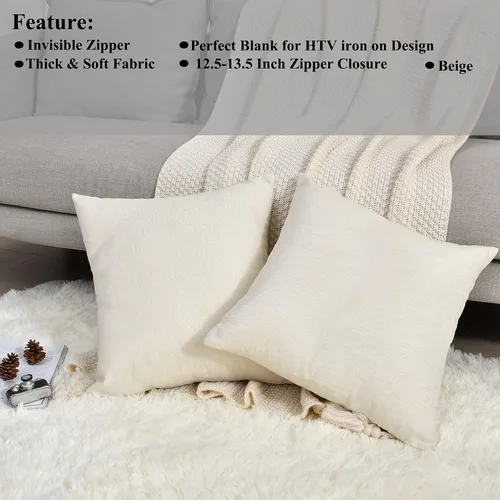 Vista 2 de Juego de 4 fundas de almohada de lino beige de 16 x 16 pulgadas, fundas decorativas en blanco para sofá y cama, para sublimación, estilo granja