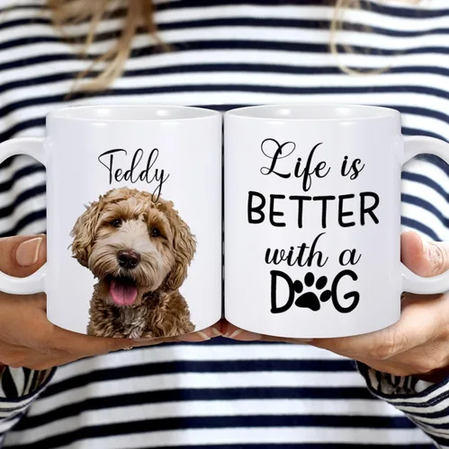 Vista 4 de Taza personalizada para perros – Life is Better with a Dog – Taza de café personalizada de 11 onzas para los amantes de los perros – Taza de foto