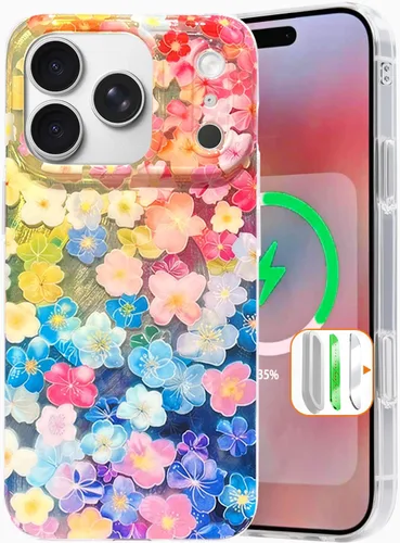 Vista 47 de I-MGAE-IN-AR Funda compacta para iPhone 12 Pro, diseño colorido de flores iridiscentes, holográfica, brillante, bonita funda para iPhone 12