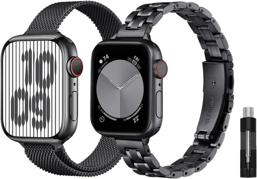 Vista 15 de Paquete de 2 correas de metal compatibles con Apple Watch Band 38/40/41/42/44/45/46/1.929 in, acero inoxidable y malla milanesa para iWatch Band