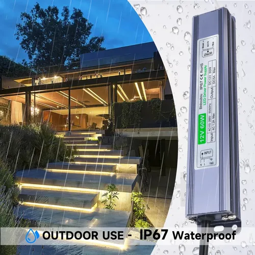 Vista 3 de Transformador LED impermeable IP67 de 12 V 60 W, fuente de alimentación de bajo voltaje con enchufe de 3 clavijas para cualquier luz LED al aire
