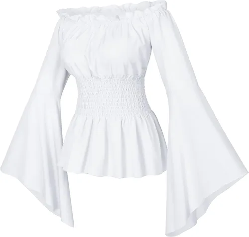 Vista 7 de Conjunto de blusa estilo renacentista victoriana campesina con volantes y cintura fruncida estilo bohemio pirata con cinturón