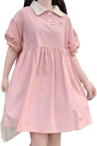 Vista 3 de Himifashion Sweet Lolita - Vestidos góticos de cintura delgada de manga corta con cuello de bebé largo hasta la rodilla japonés Kawaii vestido