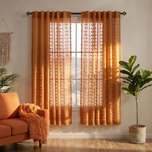 Vista 34 de Cortinas negras KOUFALL de 45 pulgadas de largo para ventana de cocina, cortinas transparentes con pompones y textura de encaje bohemio con bolsillo