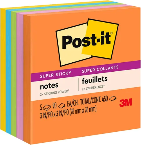 Vista 20 de Post-it Notas súper adhesivas, 3 x 3 pulgadas, 5 blocs, 2 veces más poder de adherencia, colección Energy Boost, colores brillantes, reciclables