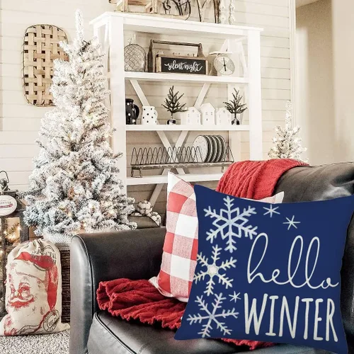 Vista 3 de Hello Winter - Funda de almohada de 16 x 16 pulgadas, diseño de copo de nieve azul y blanco, decoración de Navidad, decoración de casa de campo