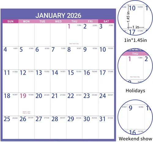 Vista 5 de Calendario anual de pared 2026, calendario de borrado en seco 2026, enero 2026 a diciembre de 2026, 34.8 x 22.9 pulgadas, calendario de pared 2026