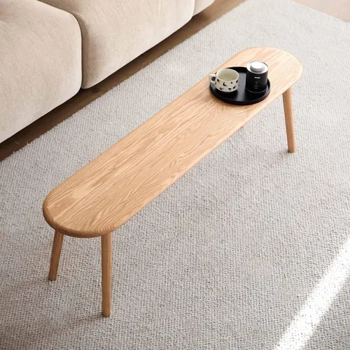 Vista 9 de Banco de entrada de madera de roble macizo de 47 pulgadas, banco de comedor con diseño redondeado en forma de baguette, banco de madera multiusos