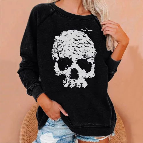 Vista 2 de Sudadera con cuello redondo para mujer, diseño de calavera, manga larga, suéter de gran tamaño, para invierno, ajuste holgado, Y2K