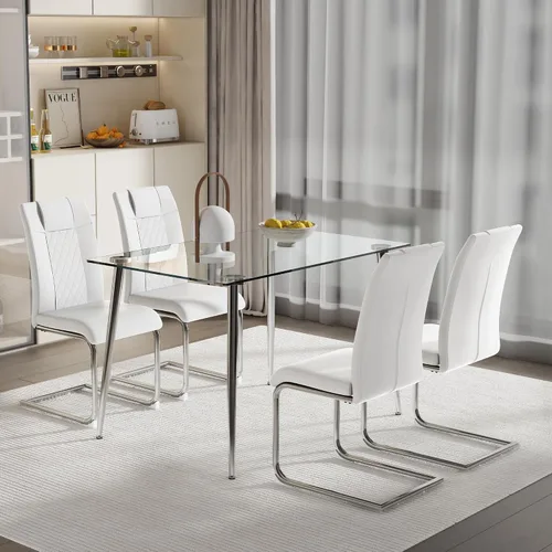 Vista 15 de Juego de mesa de comedor para 4, 5 piezas, juego de mesa de comedor de terciopelo moderno, mesa rectangular de vidrio templado para cocina, bar