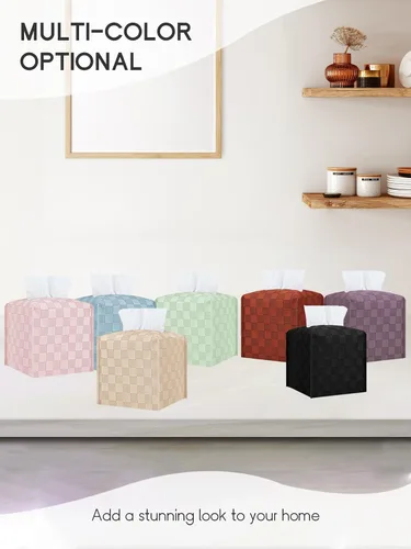 Vista 7 de Cubierta de caja de pañuelos, Soporte de caja de pañuelos cuadrado, Organizador decorativo de pañuelos de cuero para baño, mesa y coche, 12.7 cm x