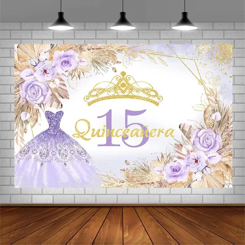 Vista 3 de AIBIIN Telón de fondo de quinceañera de 15 cumpleaños de 7 x 5 pies para niña dulce, bohemio, morado con purpurina Mis Quince Anos, fondo