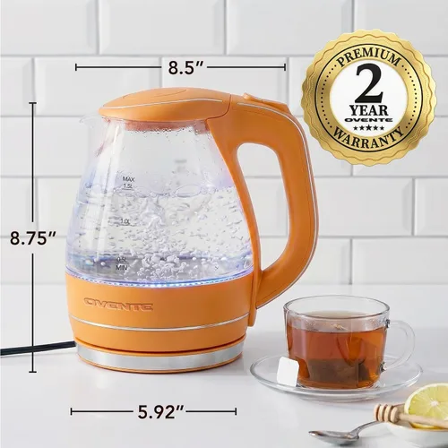 Vista 6 de OVENTE Hervidor Eléctrico, 1.5L de Vidrio de Borosilicato para Encimera, Calentador y Hervidor de Agua para Café o Té, Libre de BPA, Apagado Naranja