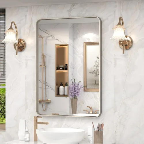 Vista 26 de Espejo rectangular para pared de baño de 20x30 pulgadas con marco negro mate, espejo de tocador con esquinas redondeadas, espejo de baño de metal