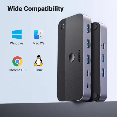 Vista 7 de UGREEN Conmutador USB 3.0 2 computadoras que comparten dispositivos USB C y A, conmutador USB de 4 puertos para compartir teclado y mouse