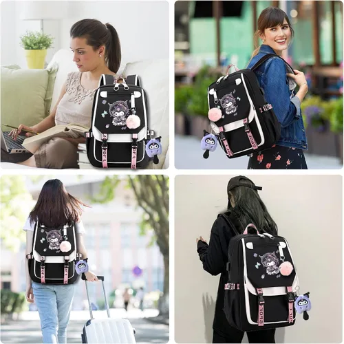 Vista 6 de qxuylmd Mochila Kawaii con colgante de felpa, linda mochila de dibujos animados para escuela secundaria, mochila para estudiantes, 21 litros