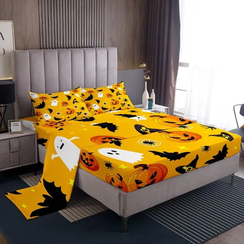 Vista 9 de Manfei Juego de sábanas de Halloween tamaño individual, juego de ropa de cama de farol de calabaza fantasmas para niños y niñas, decoración