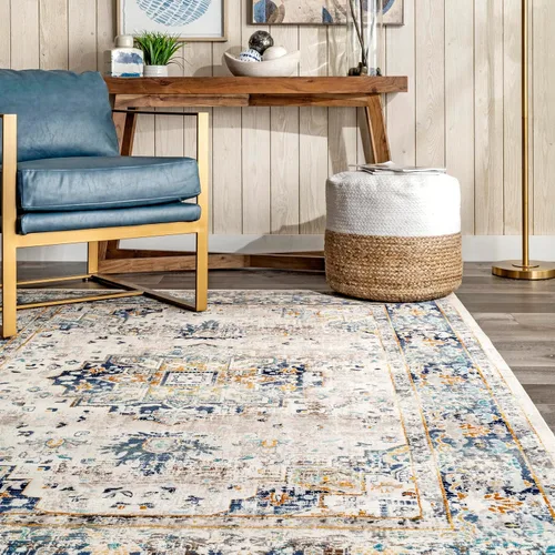 Vista 5 de nuLOOM Ainsley - Alfombra oriental persa de 3 x 5 pies para sala de estar, dormitorio, comedor, entrada, cocina, azul/marfil