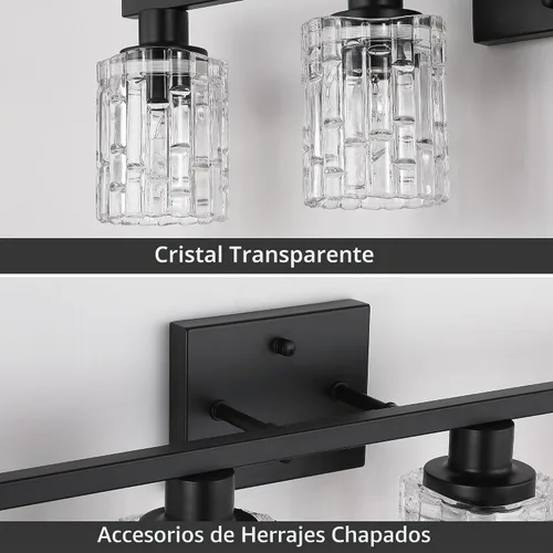 Vista 6 de Lámpara de tocador de baño de 4 luces negras mate, iluminación moderna de tocador con pantalla de vidrio de cristal, accesorios de iluminación