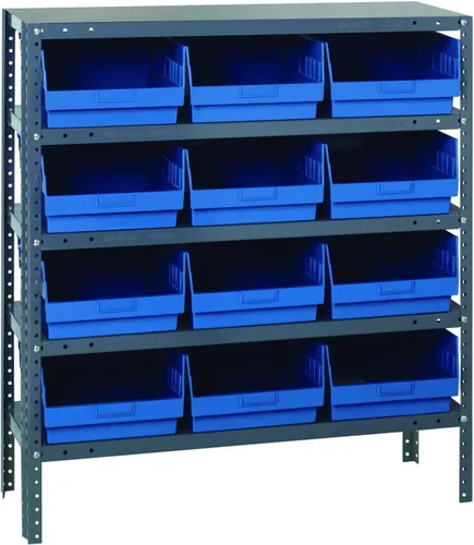 Vista 111 de Quantum QSBU-245BK Heavy Duty Shelving Unit with (7) Shelves and (24) QUS245 Black Bins for Garage Warehouse Storage Distribution 400 lb Load