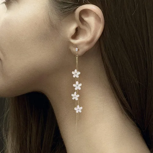 Vista 2 de Aretes de gota de flor, aretes lineales, aretes colgantes de flores, aretes delicados, aretes florales, aretes largos de flores, regalo para ella