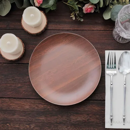 Vista 5 de Efavormart - Paquete de 6 platos de postre de melamina marrón rústico de 8 pulgadas, platos de ensalada con estampado de grano de madera resistente
