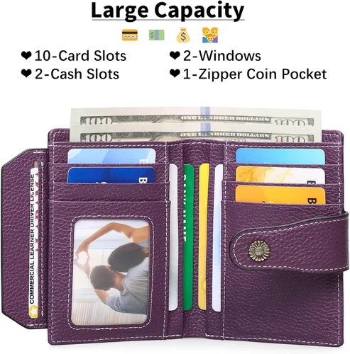 Vista 2 de FALAN MULE - Cartera de cuero auténtico para mujer, pequeña plegable , compacta, con interferencia de radiofrecuencia (RFID)