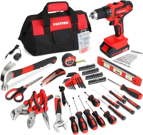 Vista 10 de FASTPRO 232 piezas 20 V Rosa inalámbrico Taladro de iones de litio y juego de herramientas para el hogar, kit de herramientas de reparación