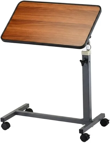 Vista 7 de NOVA Mesa para colocar sobre la cama con ruedas giratorias de bloqueo, altura ajustable, parte superior de grano de madera de nogal, base de acero