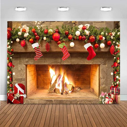 Vista 5 de Mocsicka Telón de fondo temático de chimenea navideña para fotografía, árbol de Navidad, calcetín, regalo, decoraciones para fiestas familiares