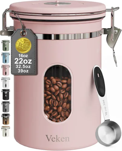 Vista 21 de Veken Recipiente de café con ventana, recipiente hermético de almacenamiento de alimentos de cocina de acero inoxidable con tapas, rastreador