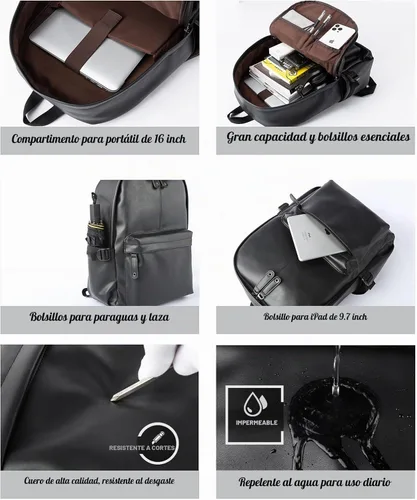 Vista 2 de Mochila de cuero para portátil impermeable de 14 pulgadas para negocios, Negro-a, Grande, Moda