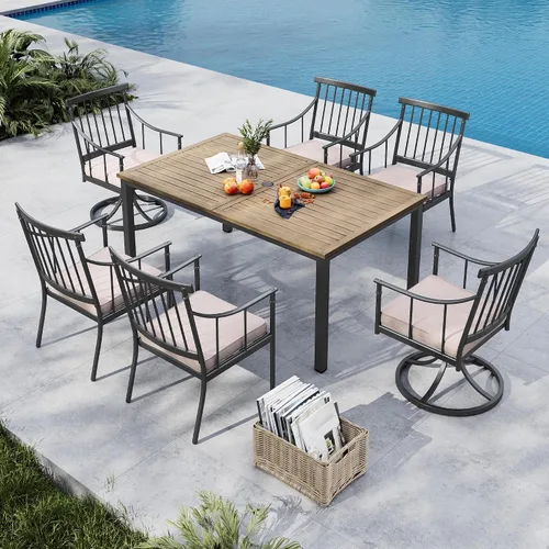 Vista 22 de MFSTUDIO Juego de comedor de 5 piezas de metal para patio, juego de muebles para exteriores con 1 mesa cuadrada de madera y 6 sillas de respaldo