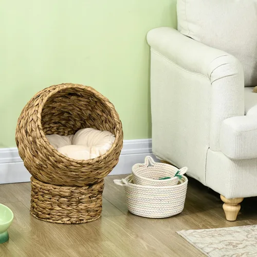 Vista 6 de PawHut Cama elevada tejida a mano para gatos con cojín suave y forma de silla de huevo, cama de cesta con soporte, casa de mimbre elevada para gatos