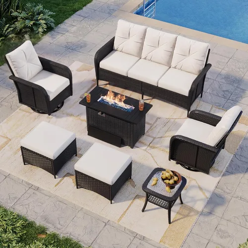 Vista 16 de Aoxun Juego de muebles de mimbre de ratán de 10 piezas con mesa para fogata Gris
