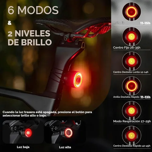Vista 3 de ROCKBROS Luz trasera de bicicleta inteligente, ángulo ajustable y doble montaje luces traseras de bicicleta, cuentas potentes con diseño óptico