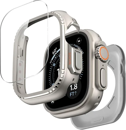 Vista 8 de MoKo Funda de metal para Apple Watch Ultra 3/2/1 de 1.929 in, protector de pantalla de vidrio templado, parachoques y contraportada resistente, Negro