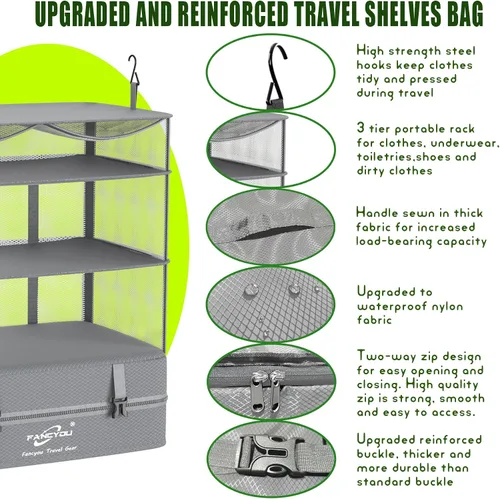 Vista 5 de Compressible Packing Cubes Portable Hanging Closet Shelves 17"x12"x24" Extendable Travel Organizer Nylon Packing Bags for Suitcase