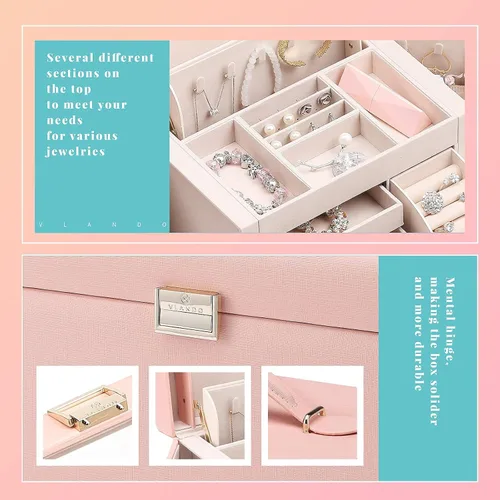 Vista 5 de Vlando City Beauty - Joyero organizador rosa pequeño organizador de viaje con espejo rosa