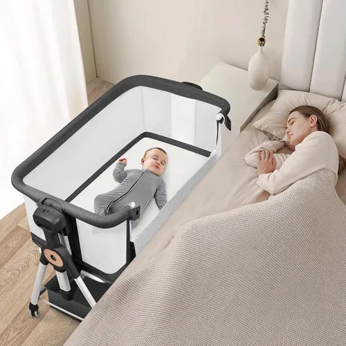 Vista 9 de VOOI Moisés para bebé junto a la cama, moisés mecedor 3 en 1 para bebé, moisés junto a la cama con ruedas, altura ajustable, cesta