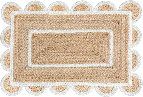 Vista 2 de Alfombra festoneada de yute natural, base natural, borde blanco hueso, 2 x 3
