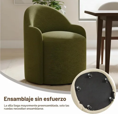 Vista 5 de KISLOT Sillas de comedor tapizadas con ruedas, sillas de comedor modernas sin montaje, silla de tocador con 5 ruedas y respaldo redondo para Verde