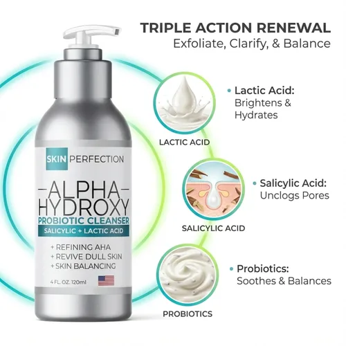 Vista 2 de Skin Perfection Limpiador probiótico de ácido alfa hidroxi, gel salicílico láctico, exfoliante, refina los poros grandes, sin parabenos, sin sulfatos