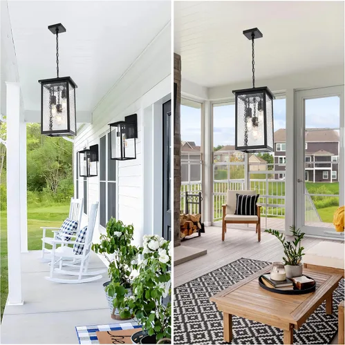 Vista 2 de TODOLUZ Lámpara colgante grande de 3 luces para exteriores, iluminación de porche colgante exterior con vidrio martillado, cadena larga ajustable
